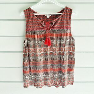 Lucky Brand Womens Orange Brown Boho Split Neck Tassel Beaded Tank Top Large